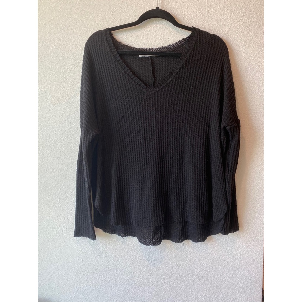 Double Zero Black Long Sleeve Waffle Knit Top